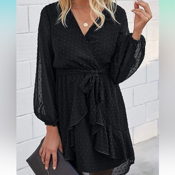 BTFBM | Black Long Sleeve Swiss Dot Ruffle Dress - Picture 4 of 13